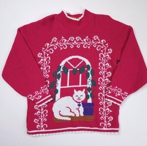 Spunky Novelty Cat In Window Hot Pink Acrylic Sweater Womens Medium
